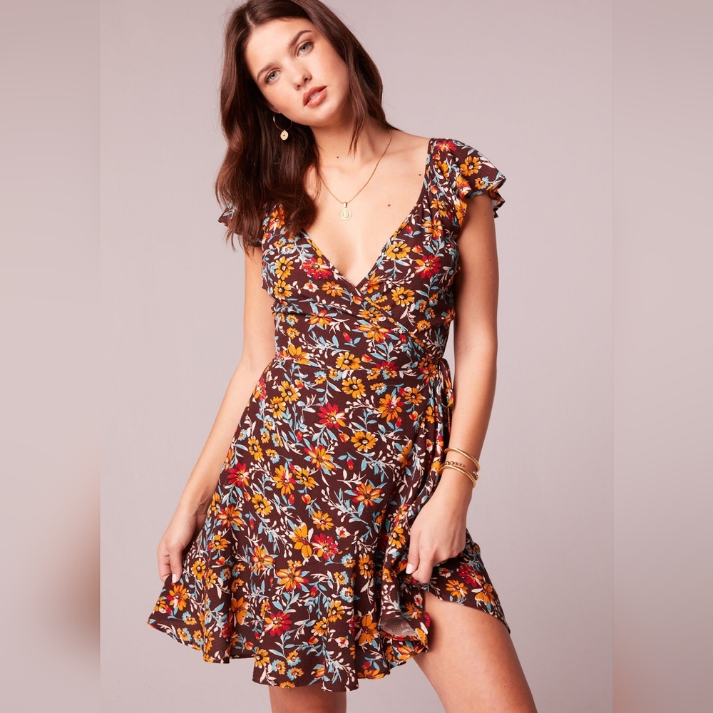 Band of the Free Brown Marigold Floral Print Mini Wrap Dress